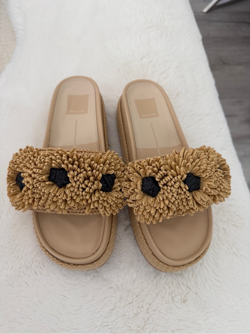 Dolce Vita Tan Raffia Slide Sandals with Black Accents